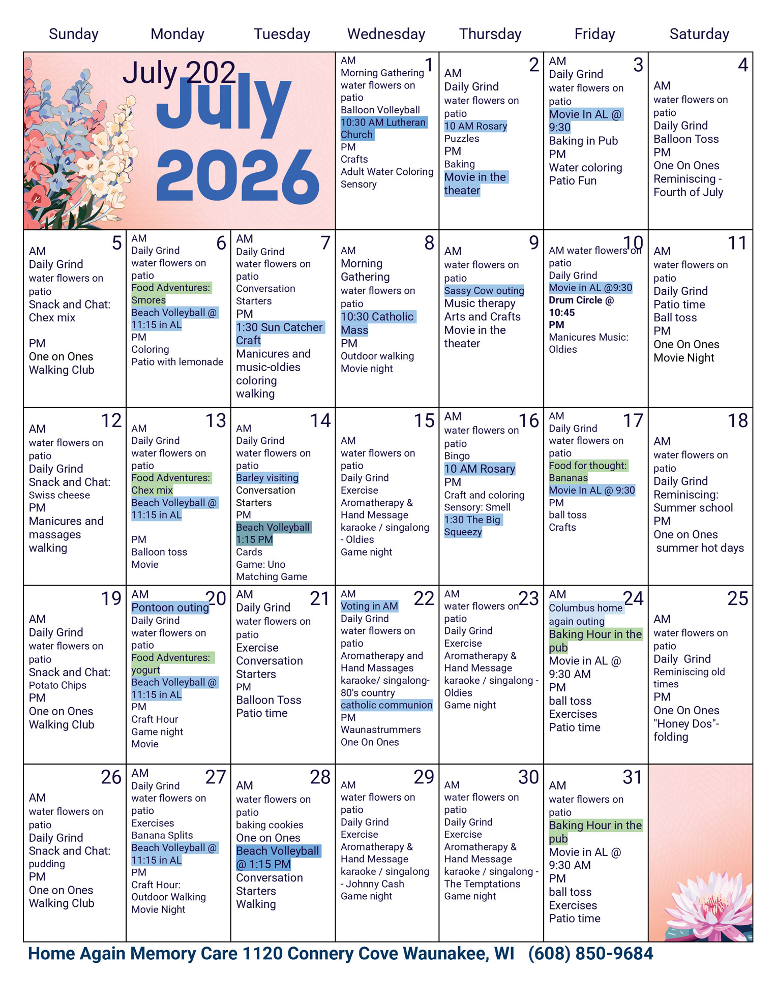 Waunakee Memory Care July 2026 Activity Calendar