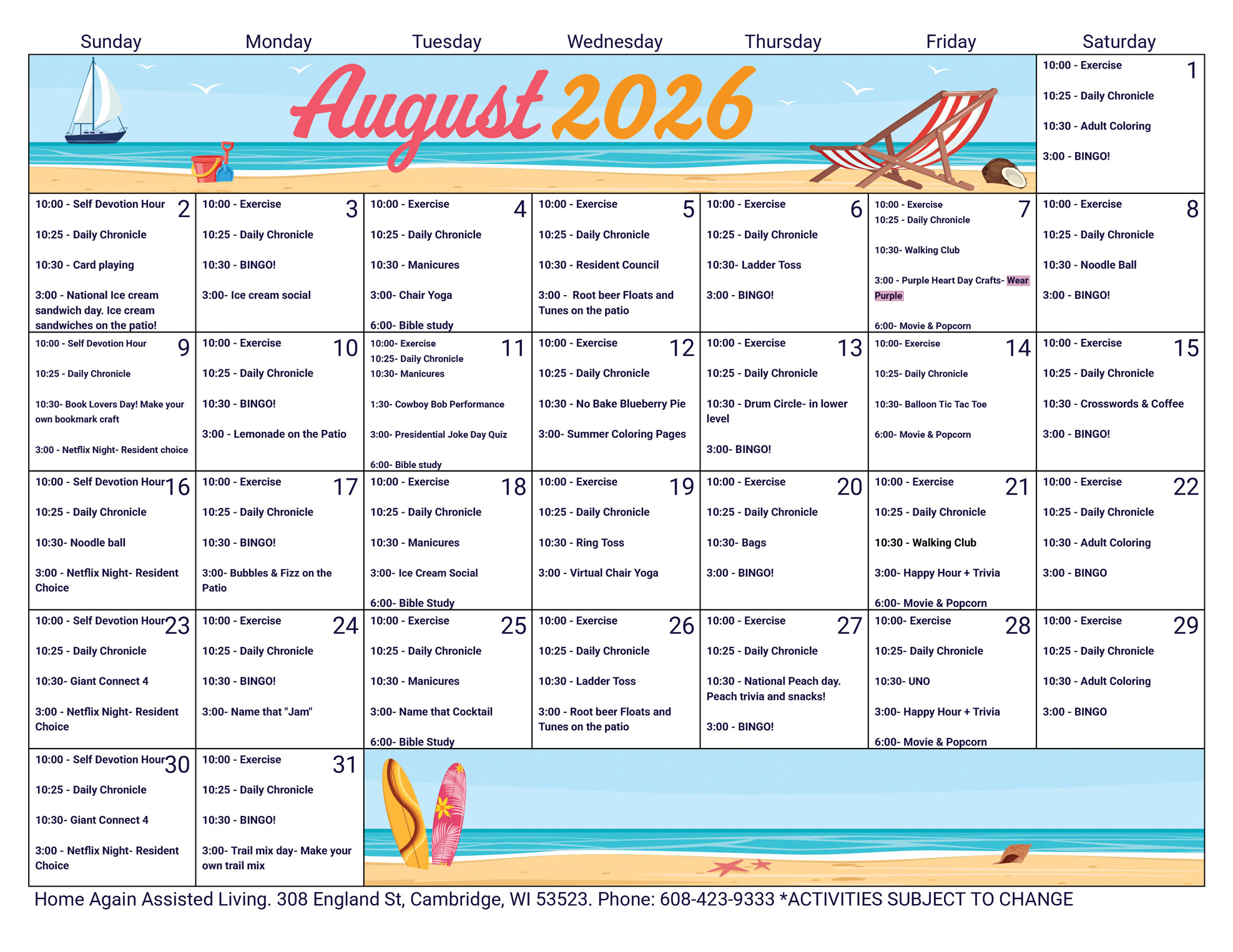 Cambridge Assisted Living August 2026 Activity Calendar