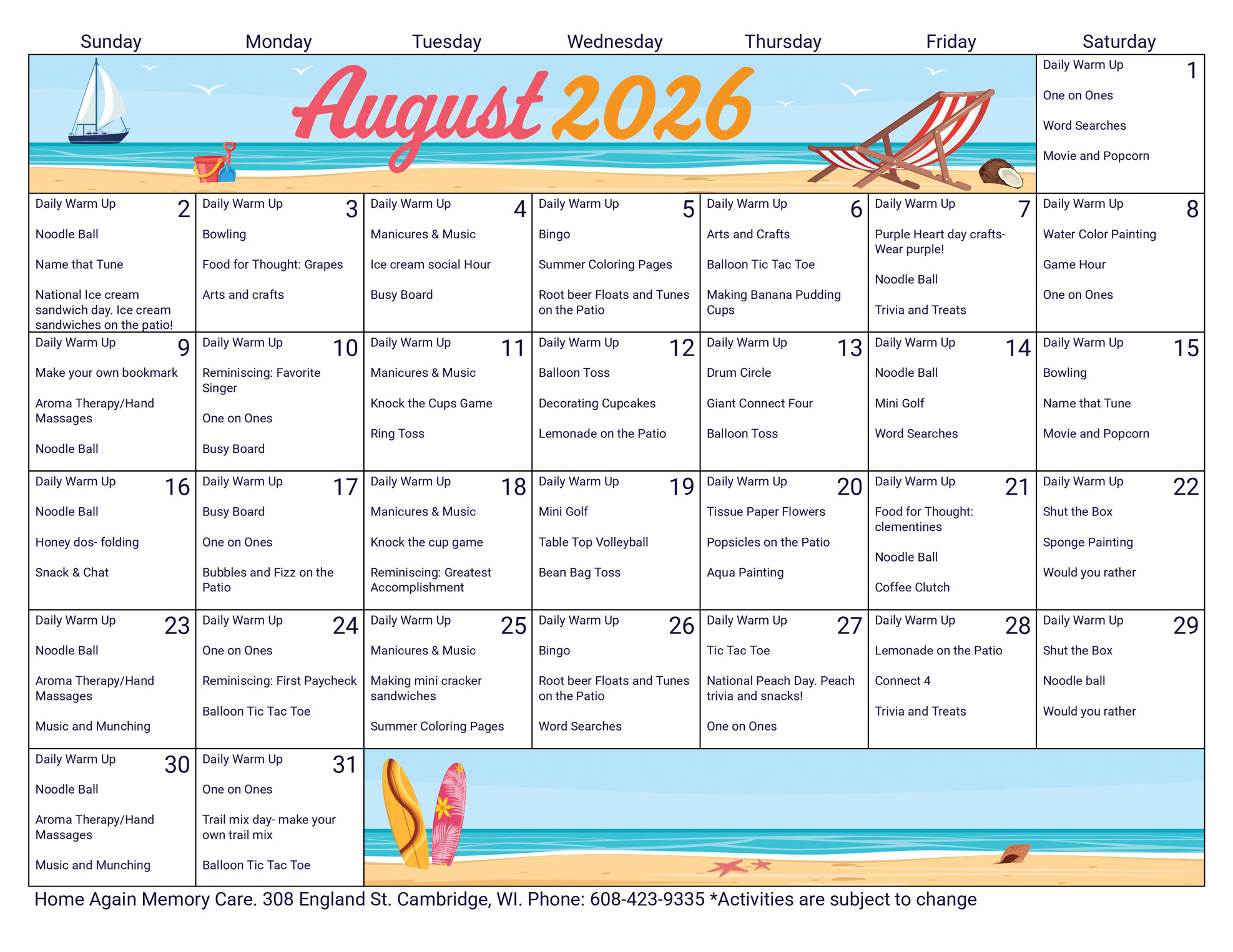 Cambridge Memory Care August 2026 Activity Calendar