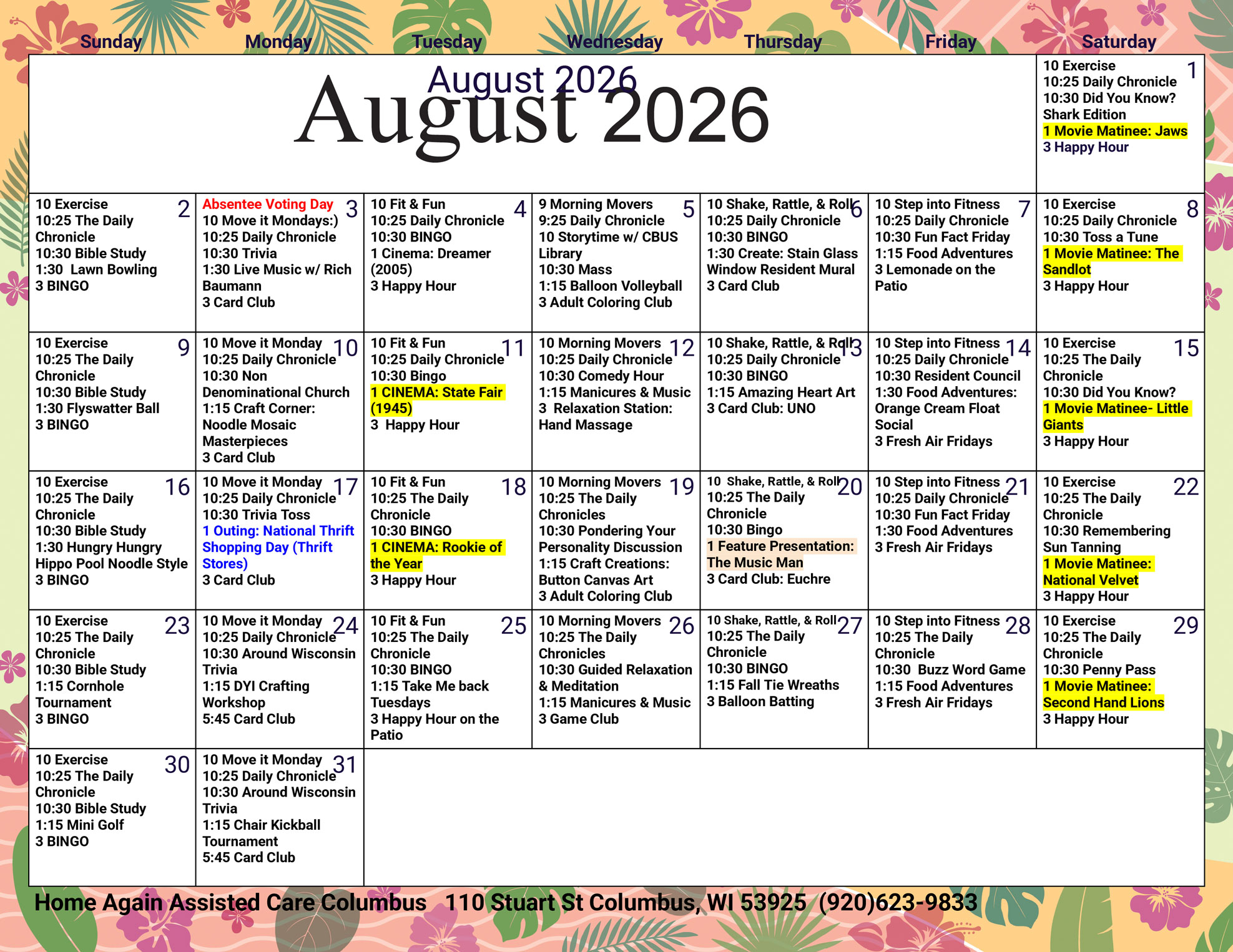 Columbus Assisted Living August 2026 Activity Calendar