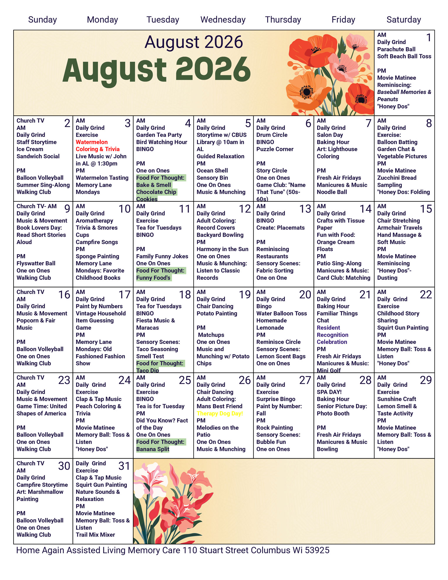 Columbus Memory Care August 2026 Activity Calendar