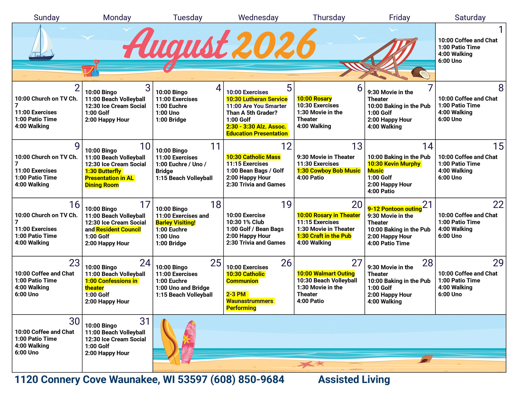 Waunakee Assisted Living August 2026 Activity Calendar