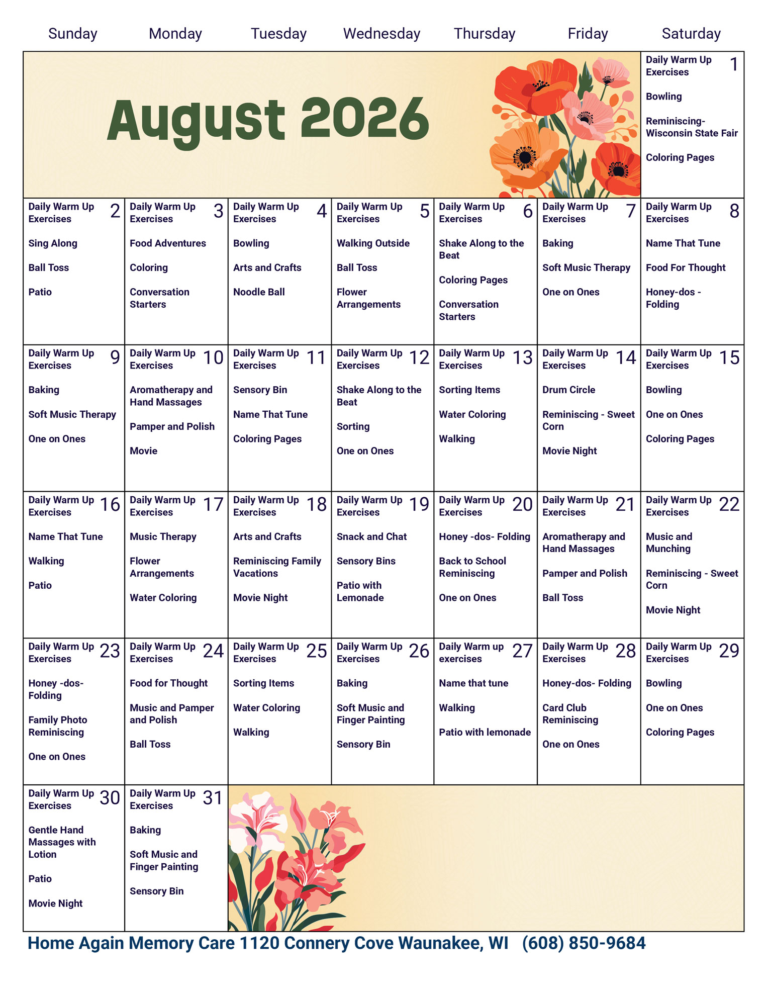Waunakee Memory Care August 2026 Activity Calendar