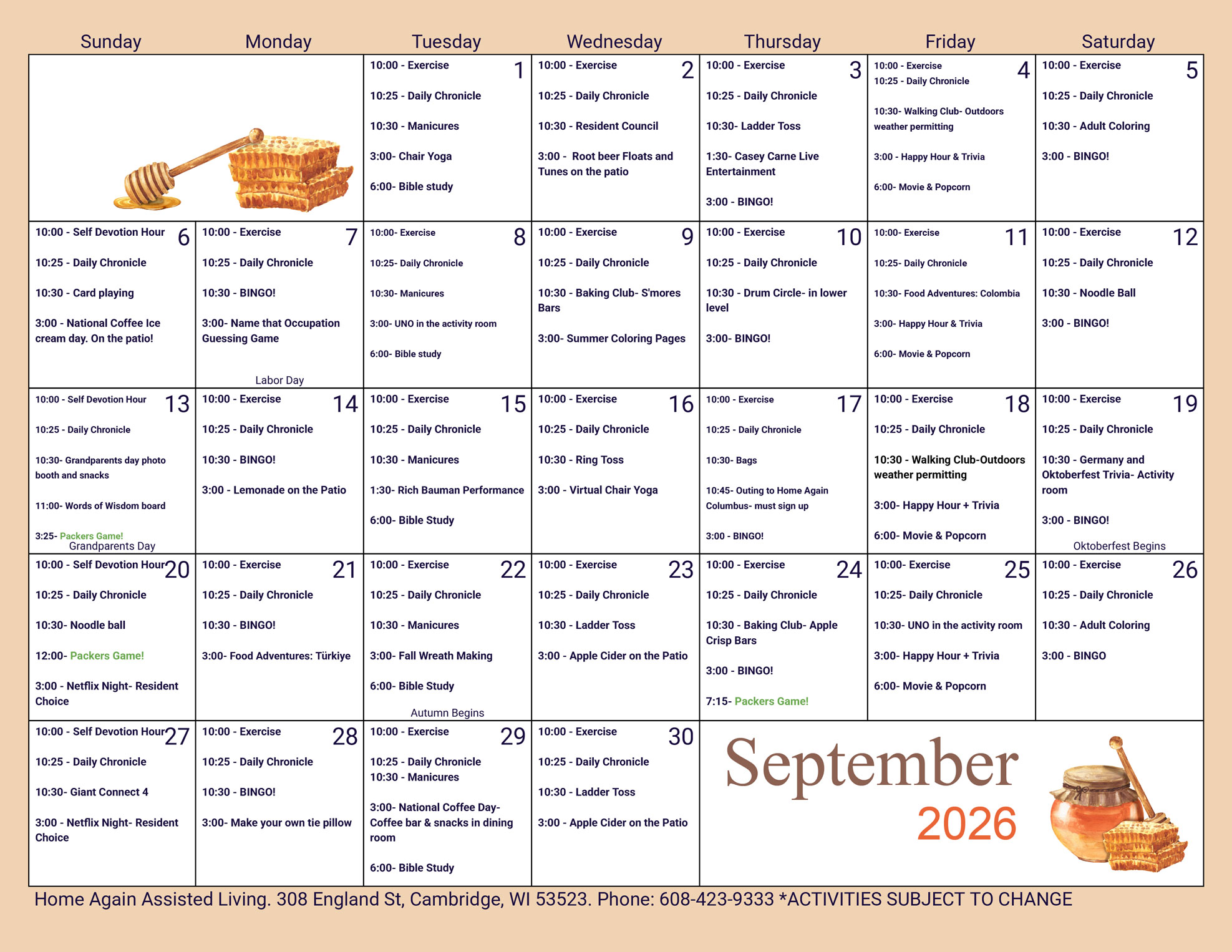 Cambridge Assisted Living September 2026 Activity Calendar