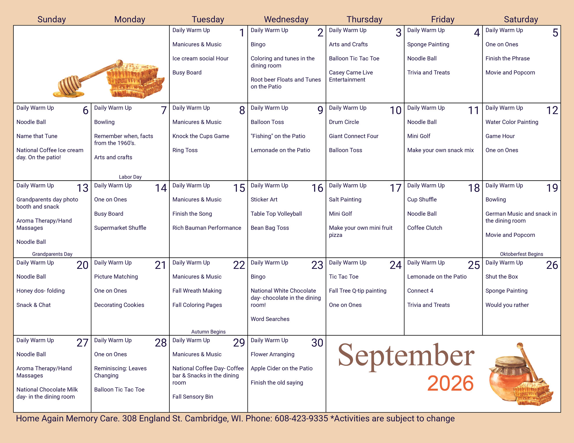 Cambridge Memory Care September 2026 Activity Calendar