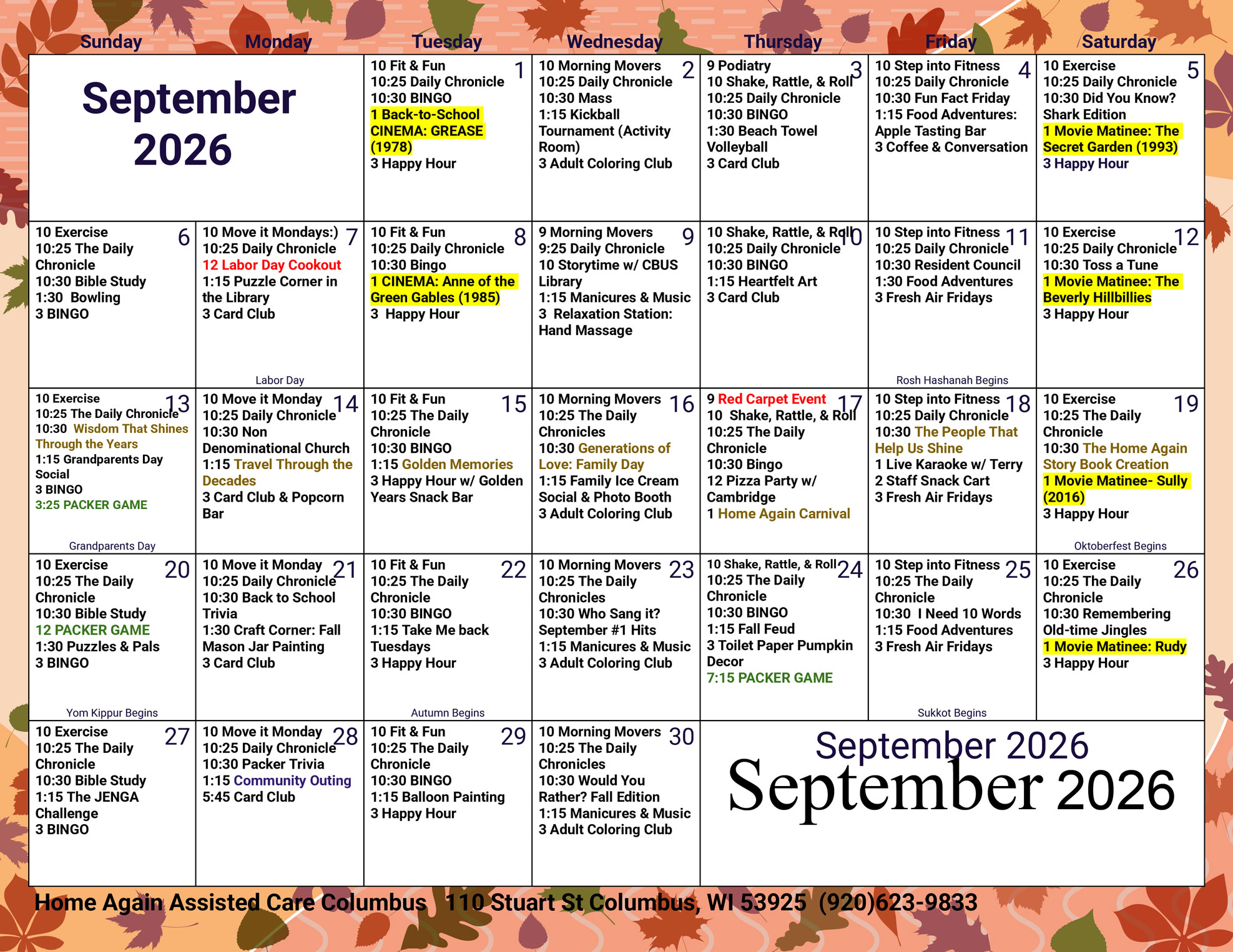 Columbus Assisted Living September 2026 Activity Calendar