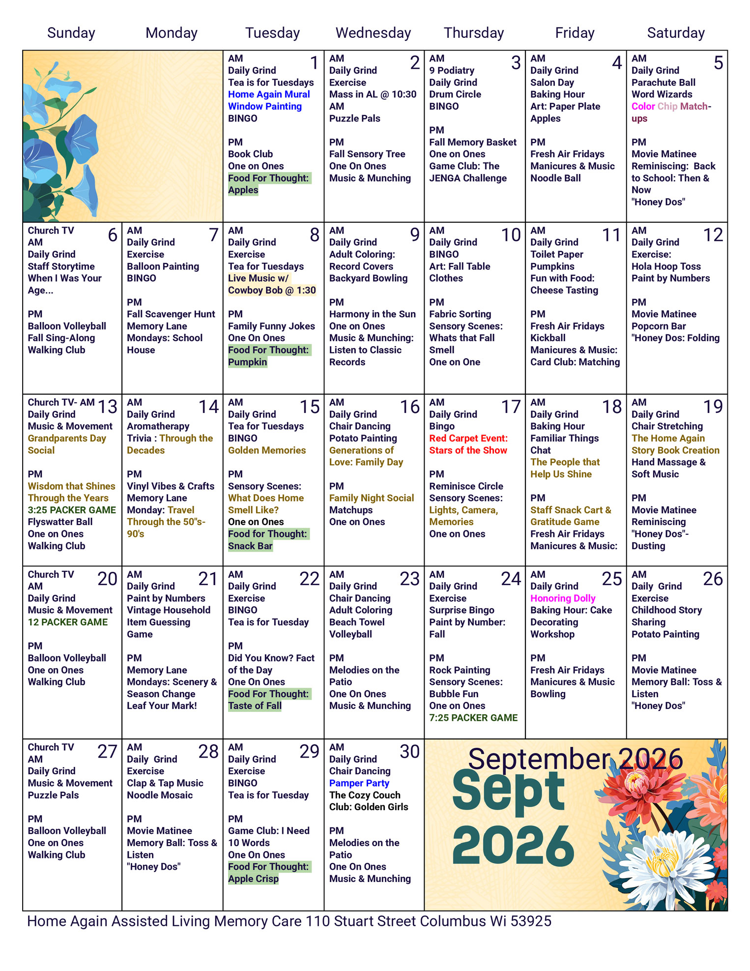 Columbus Memory Care September 2026 Activity Calendar