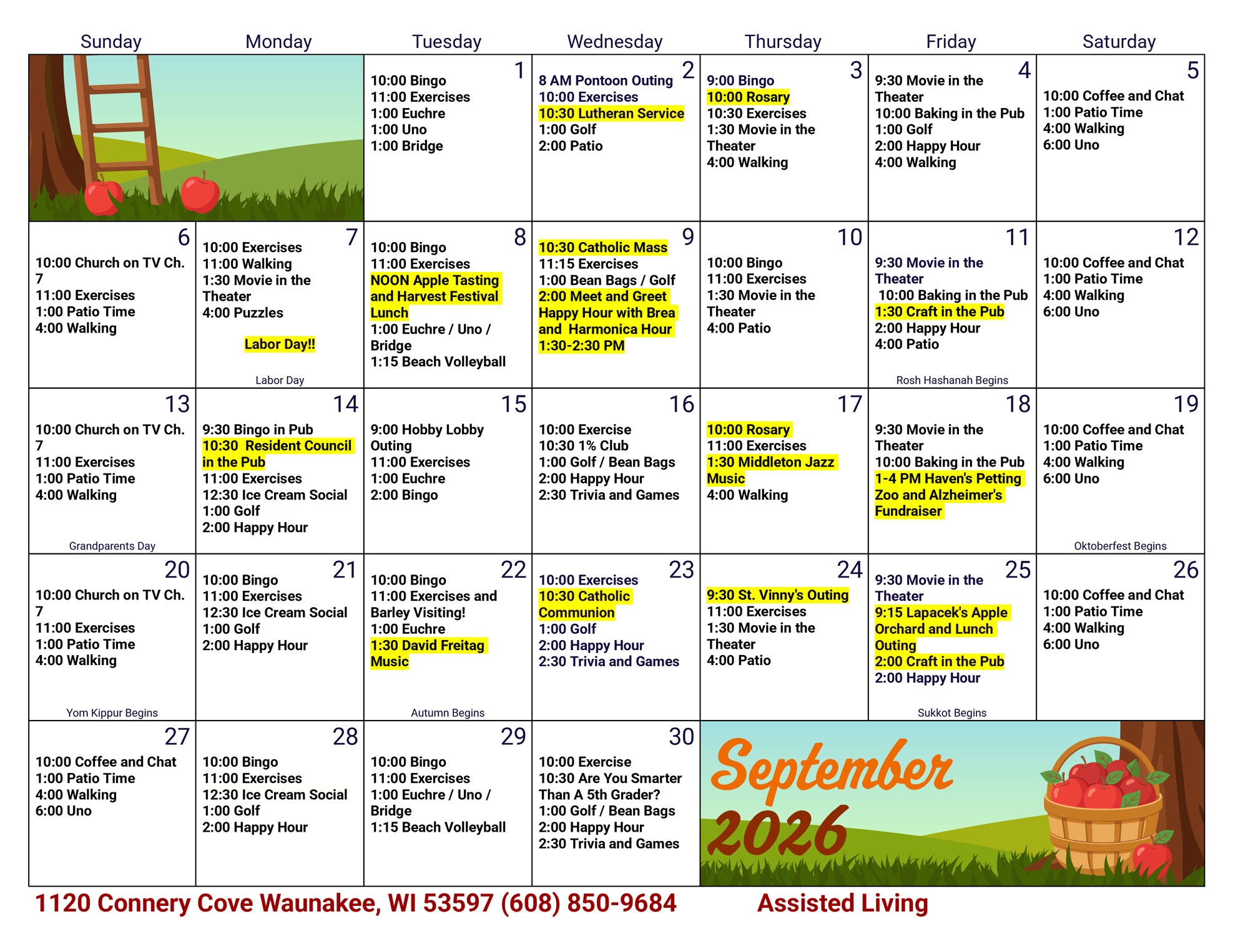 Waunakee Assisted Living September 2026 Activity Calendar