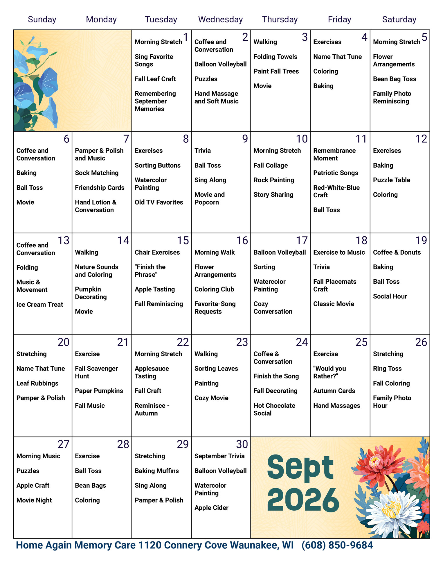 Waunakee Memory Care September 2026 Activity Calendar