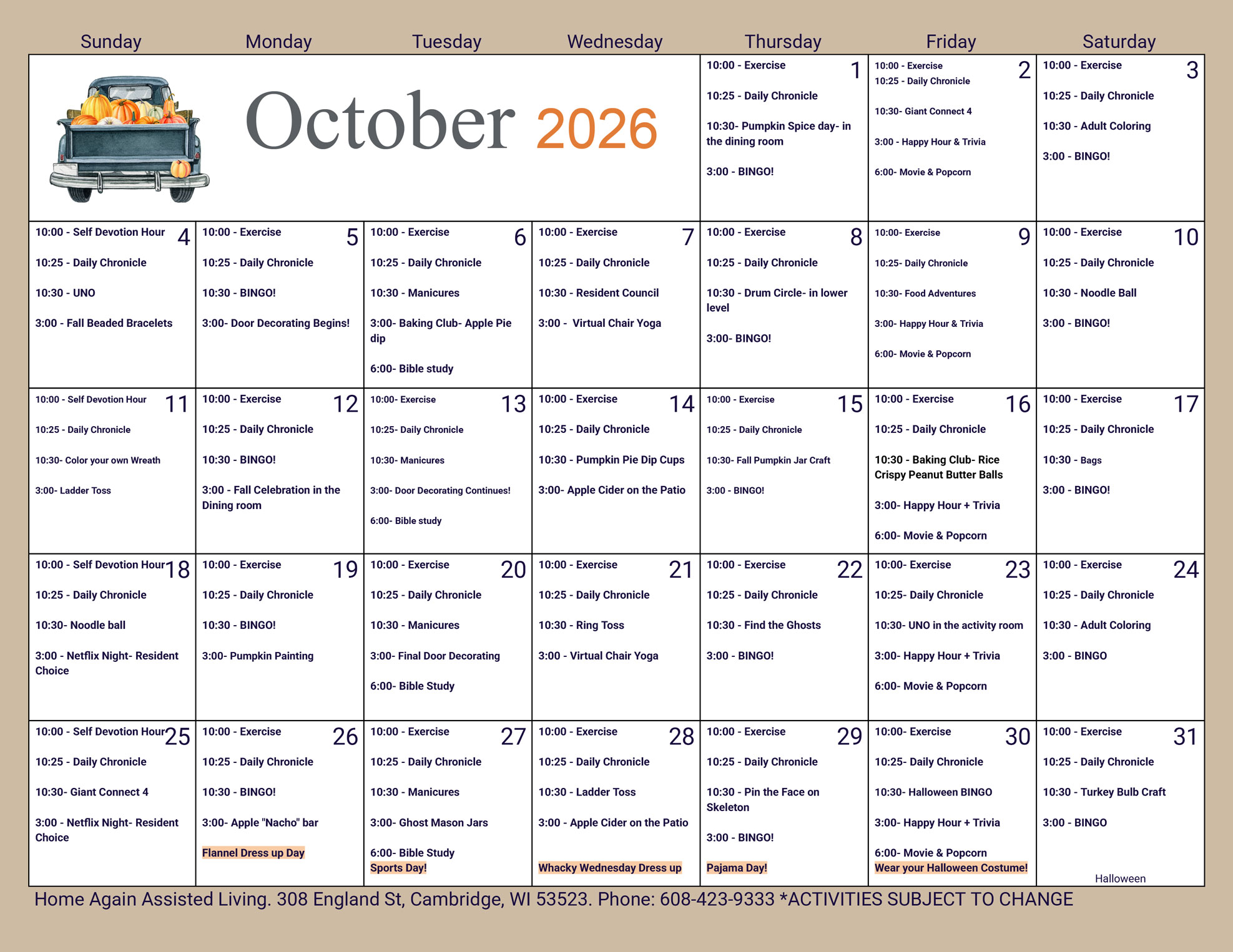 Cambridge Assisted Living October 2026 Activity Calendar