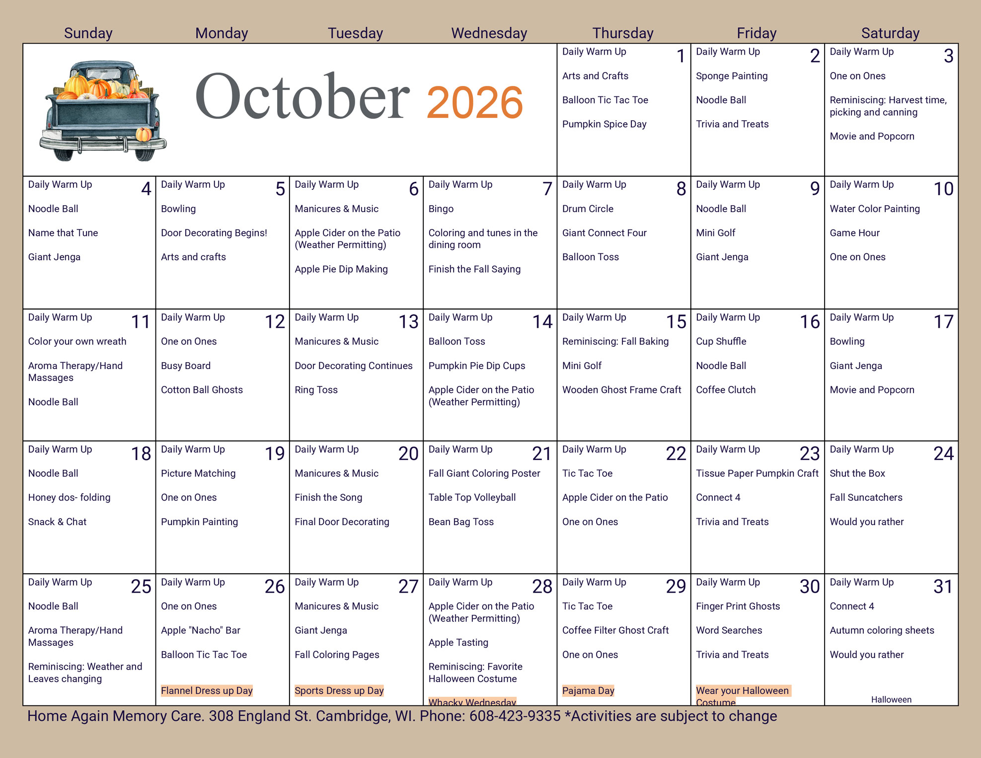 Cambridge Memory Care October 2026 Activity Calendar