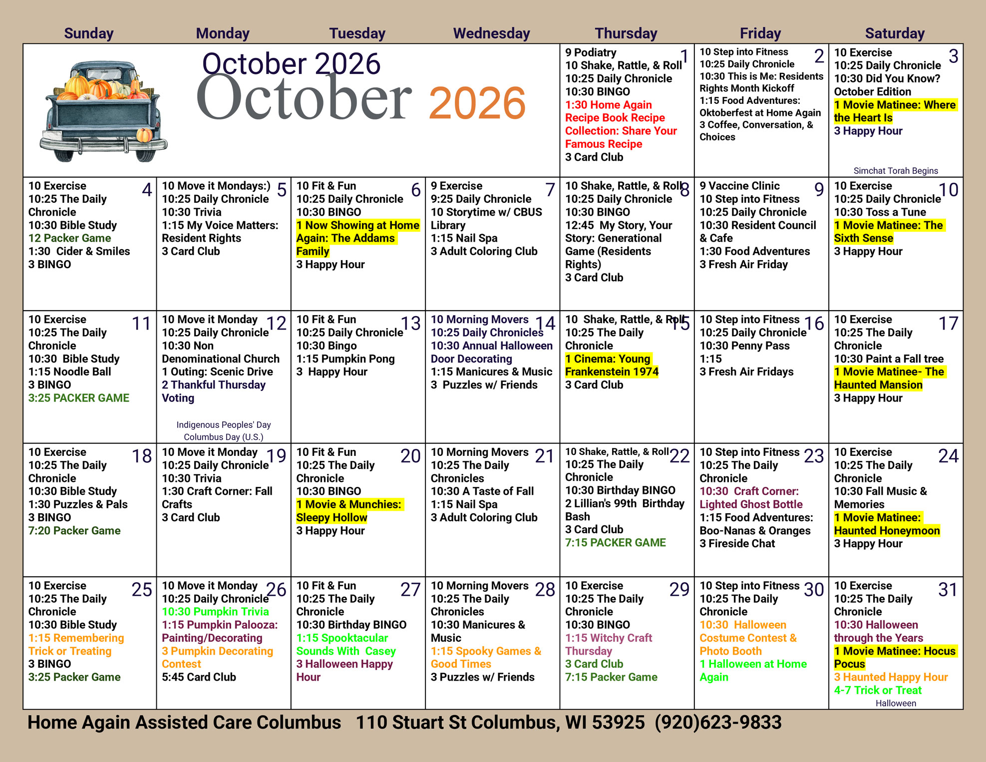 Columbus Assisted Living October 2026 Activity Calendar