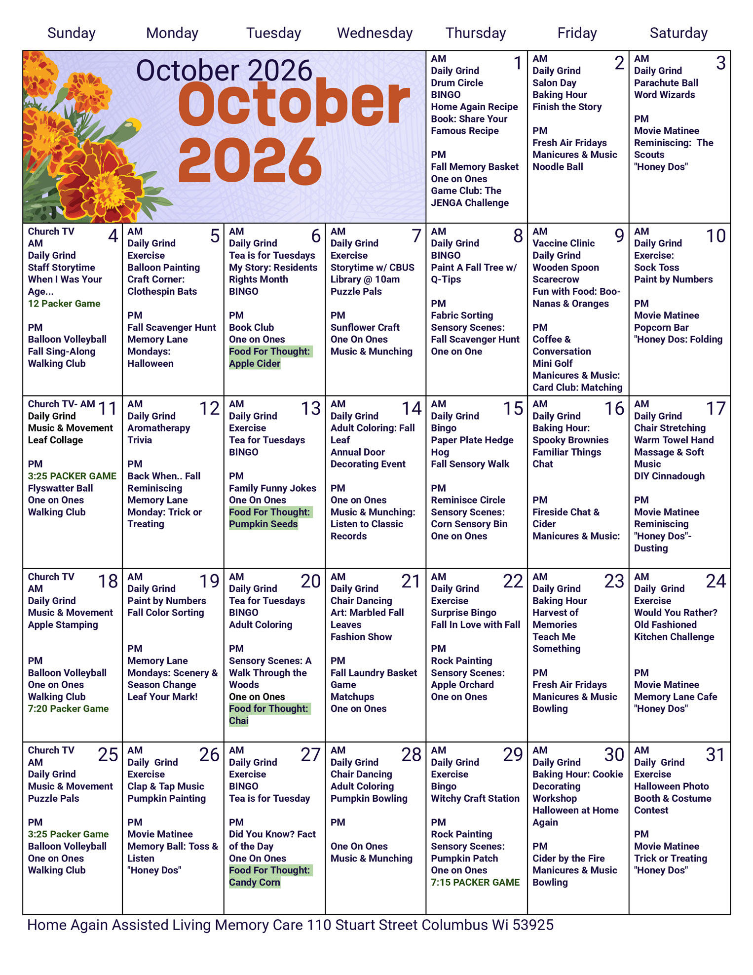 Columbus Memory Care October 2026 Activity Calendar