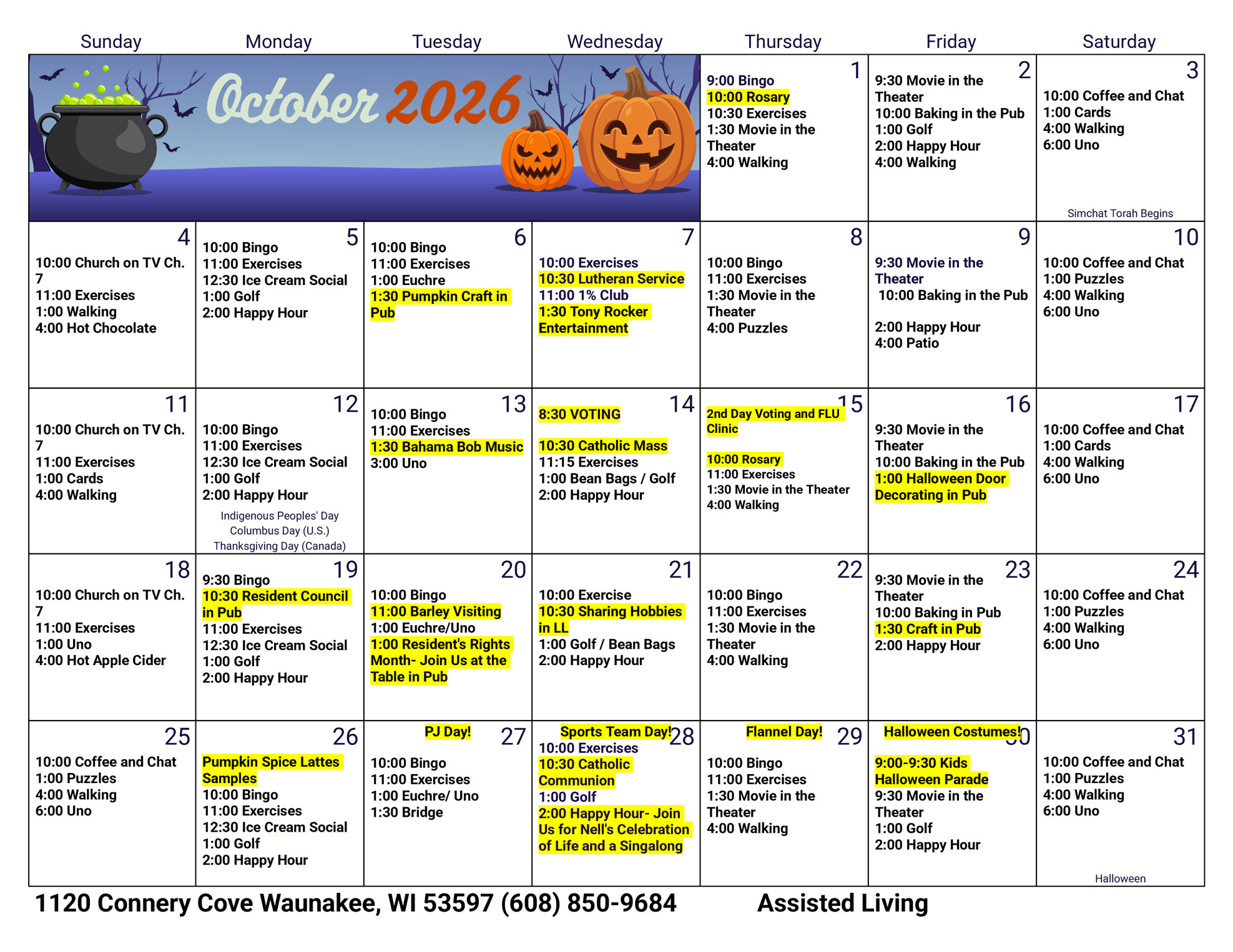 Waunakee Assisted Living October 2026 Activity Calendar
