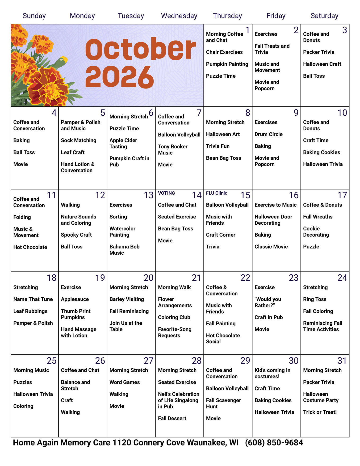 Waunakee Memory Care October 2026 Activity Calendar